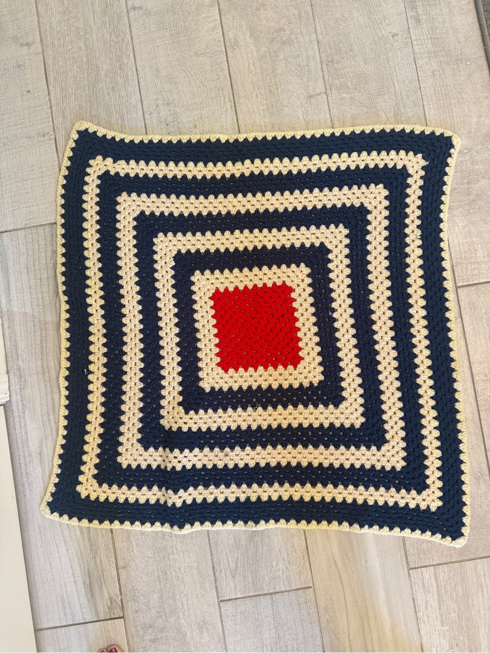 Hand Crafted Navy, Cream & Red Crochet Square Throw